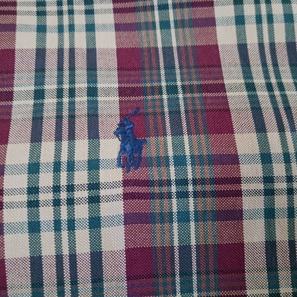 Vintage Ralph Lauren‎ Plaid Button Front Oxford Shirt Size L Large Tan Red Green - Picture 3 of 5